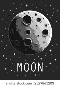 Esboço desenhado à mão de desenho de desenho animado planeta lua com crateras e estrelas em um fundo escuro no estilo retro vintage. Design de logotipo criativo simples lua para impressão de camiseta, banner ou cartaz. Ilustração vetorial