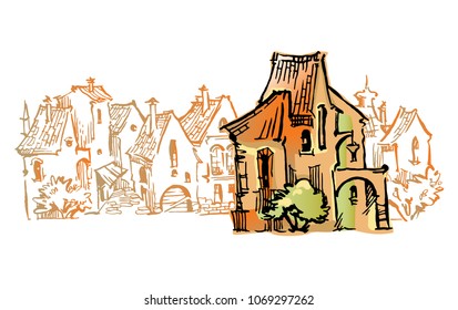 Hand drawn sketch of cartoon old town. Made in vintage style.