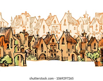 Hand drawn sketch of cartoon old town. Made in vintage style. Seamless pattern of funny houses.