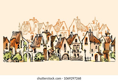 Hand drawn sketch of cartoon old town. Made in vintage style.