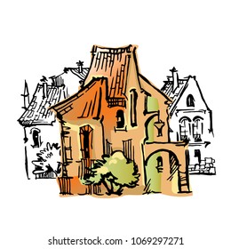 Hand drawn sketch of cartoon old town. Made in vintage style.
