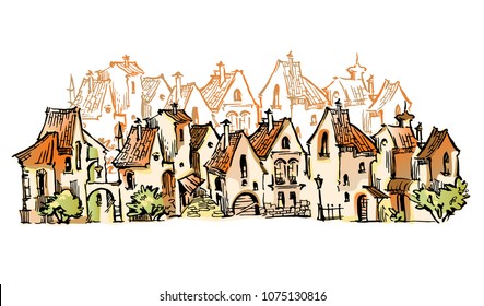 Hand drawn sketch of cartoon old town. Made in vintage style.