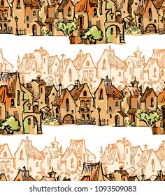 Hand drawn sketch of cartoon old town. Made in vintage style. Seamless pattern of funny houses.