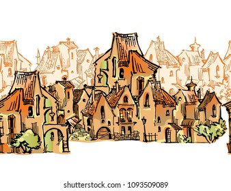 Hand drawn sketch of cartoon old town. Made in vintage style. Seamless pattern of funny houses.