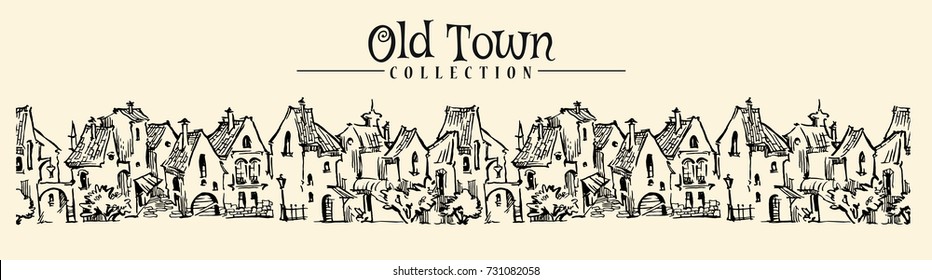 Hand drawn sketch of cartoon old town. Made in vintage style. Panoramic view.