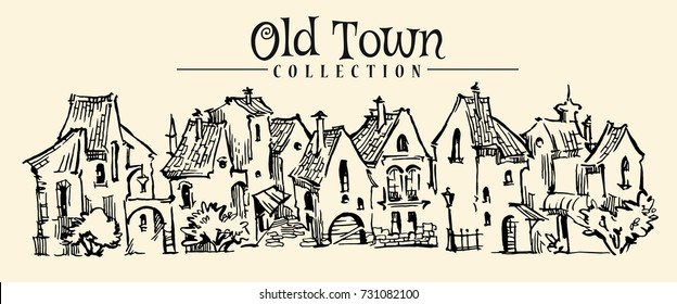 Hand drawn sketch of cartoon old town. Made in vintage style. Panoramic view.