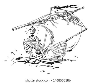 Hand drawn sketch with cartoon ship on the ocean. Isolated black ship on white background. Artistic sketch.