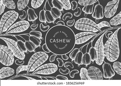 Hand drawn sketch cashew design template. Organic food vector illustration on chalk board. Vintage nut illustration. Engraved style botanical background.
