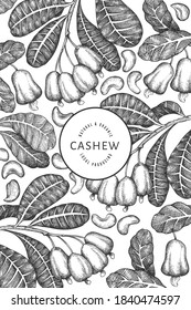 Hand drawn sketch cashew design template. Organic food vector illustration on white background. Vintage nut illustration. Engraved style botanical background.