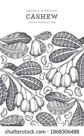 Plantilla de diseño de cajú dibujado a mano. Ilustración vectorial de alimentos orgánicos sobre fondo blanco. Ilustración de tuerca de vintage. Fondo botánico de estilo grabado.