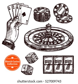 Hand drawn sketch casino collection with roulette cards chips jackpot dice elements vector illustration 