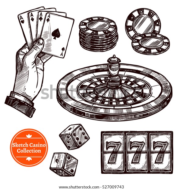 ルーレットカードチップジャックポットダイスエレメントを持つ手描きのスケッチカジノコレクションベクターイラスト のベクター画像素材 ロイヤリティフリー