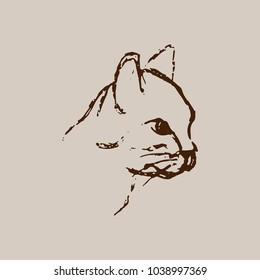 Hand drawn sketch of cat head. Brown line drawing of pet isolated on beige background. Vector animal illustration.