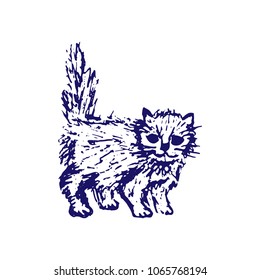 Hand drawn sketch of cat kitten. Blue ink line drawing isolated on white background. Cute little pet. Vector animal illustration.