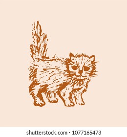Hand drawn sketch of cat kitten. Orange colors. Line drawing. Cute little pet. Vector animal illustration.