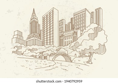 Hand Drawn Sketch Of Central Park In New York City.