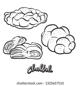  Hand drawn sketch of Challah bread. Vector drawing of Leavened food, usually known in Poland and Israel. Bread illustration series.