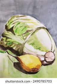 Hand drawn, sketch with charcoal pen, watercolor painting, enjoy drawing moment, Mix Fruit  Vegetable Cabbage