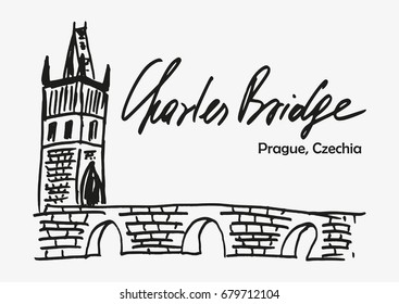 Hand drawn sketch of Charles bridge as one of symbol of Prague in Czech republic. Vector illustration