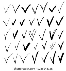 Hand Drawn Sketch Check Mark. Tick Design Elements Set Isolated On White Background