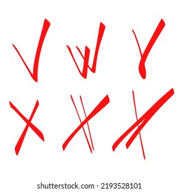 Hand drawn sketch checkmark cross sign. Marker brush check marks answers in test, confirmation, negation icons. Checklist marks template, voting set. Vector flat illustration isolated on white.