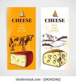 Hand drawn sketch cheese banner set. Vector illustration of natural milk foods