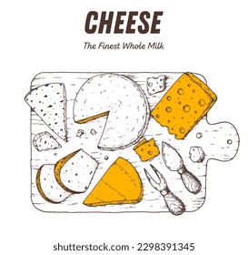 Esbozo dibujado a mano de queso en tablero de madera. Queso de productos lácteos de granja. Estilo grabado