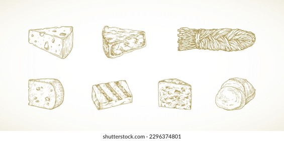 Hand Drawn Sketch Cheese Pieces Set. Engraving Style Roquefort, Gouda, Haloumi, Camembert, Mozzarella and Pigtail Suluguni Cheese Illustrations Collection. Isolated