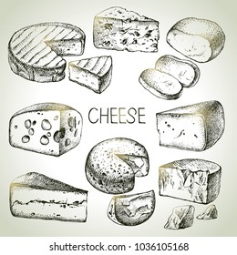 Hand drawn sketch cheese types set. Vector illustration of natural foods
