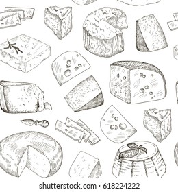 Hand drawn sketch cheese vintage seamless pattern. Vector illustration background. Natural dairy products background. Line art style.