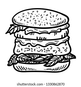 Hand drawn sketch Cheeseburger or Hamburger. Fast food illustration.
