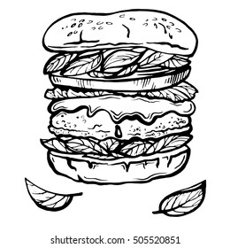 Hand drawn sketch Cheeseburger or Hamburger. Vector illustration.