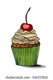 a hand drawn sketch of a cherry cupcake in the modern style of a picture made by markers. A vector illustration isolated on white background