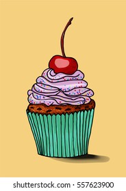 a hand drawn sketch of a cherry cupcake in the modern style of a picture made by markers. A vector illustration isolated on white background