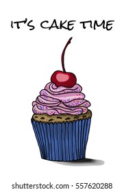 a hand drawn sketch of a cherry cupcakes in the modern style of a picture made by markers with a script it's a cake time. A vector illustration isolated on white background