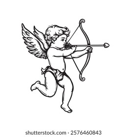 Hand drawn sketch cherub with wings, arrow and bow. Cupid angel in classic engraving style. Valentine's day symbol. vector illustration.