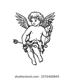 Hand drawn sketch cherub with wings, arrow and bow. Cupid angel in classic engraving style. Valentine's day symbol. vector illustration.