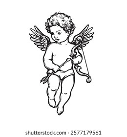 Hand drawn sketch cherub with wings, arrow and bow. Cupid angel in classic engraving style. Valentine's day symbol. vector illustration.