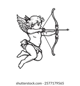 Hand drawn sketch cherub with wings, arrow and bow. Cupid angel in classic engraving style. Valentine's day symbol. vector illustration.