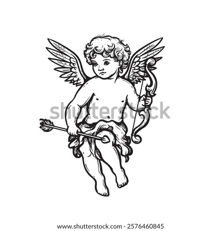 Hand drawn sketch cherub with wings, arrow and bow. Cupid angel in classic engraving style. Valentine's day symbol. vector illustration.
