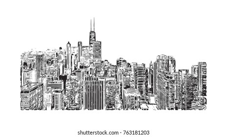 Hand drawn sketch of Chicago skyline, big city, architecture, engraving in vector illustration.