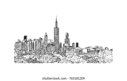 Hand drawn sketch of Chicago skyline, big city, architecture, engraving in vector illustration.