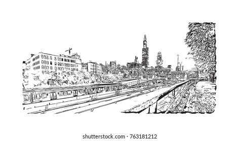 Hand drawn sketch of Chicago skyline, big city, architecture, engraving in vector illustration.