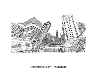 Hand drawn sketch of Chicago skyline, big city, architecture, engraving in vector illustration.