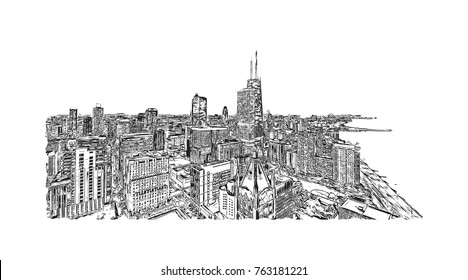 Hand drawn sketch of Chicago skyline, big city, architecture, engraving in vector illustration.