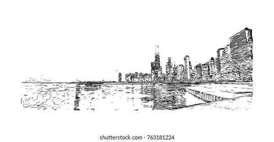 Hand drawn sketch of Chicago skyline, big city, architecture, engraving in vector illustration.