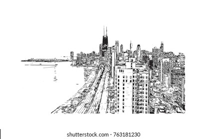 Hand drawn sketch of Chicago skyline, big city, architecture, engraving in vector illustration.