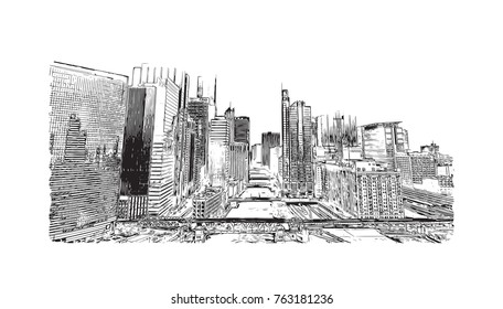 Hand drawn sketch of Chicago skyline, big city, architecture, engraving in vector illustration.