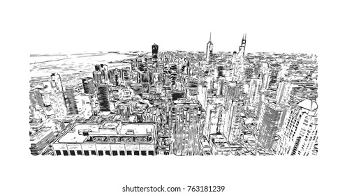 Hand drawn sketch of Chicago skyline, big city, architecture, engraving in vector illustration.
