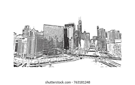 Hand drawn sketch of Chicago skyline, big city, architecture, engraving in vector illustration.